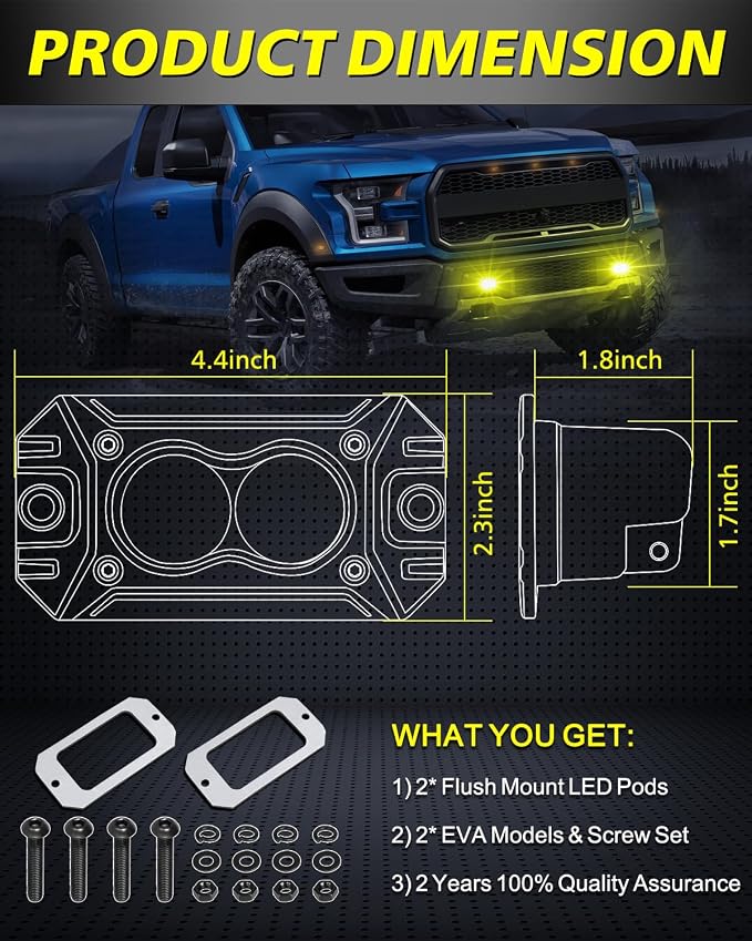 Yellow Flush Mount LED Pods, AKD Part Spot CREE LED Flush Mount Fog Lights 40W Yellow Chase Lights Bumper Driving Backup Reverse Light Pods for Trucks Pickup SUV UTV ATV Snowmobile