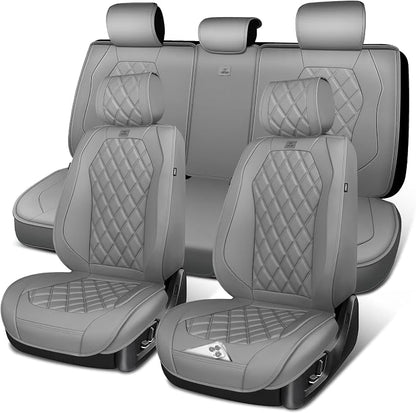 CAR PASS Luxury Nappa Leather Seat Covers Full Set, 3D Rhombus Waterproof Faux Leather Seat Covers, Universal Automotive Seat Cushion Fit for Most Sedan SUV Truck Van, Armrest Airbag Compatible Gray
