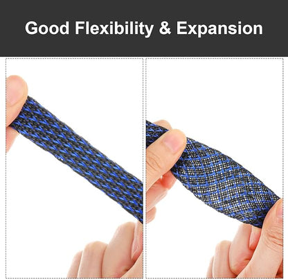 Xuniea 96ft Wire Loom Braided Cable Sleeve Covers Cord Management with 127 Pcs Tube Heat Shrinkable for Audio Video Cable Cord Protectors from Pets(1/2, 1/4, 3/8 Inch,Red, Blue and Black)