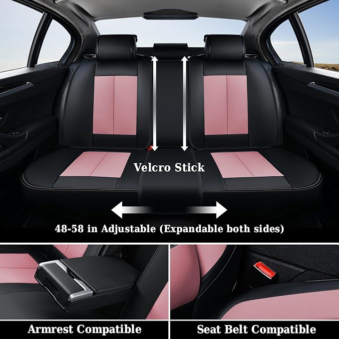 Coverado Universal Seat Covers Full Set, 5 Seats Universal Seat Covers for Cars, Waterproof Nappa Leather Car Seat Covers with Head Pillow, Auto Protectors Fit for Most Pick-up Truck, Black&Pink