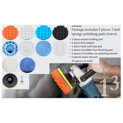 13PCS Buffing Pads 7 Inch Car Polishing Pads Kit Car Foam Sponge Pads Wool Bonnet Pads Auto Body Repair Pad for Waxing Buffing Sealing Glaze (7 Inch 13PCS)