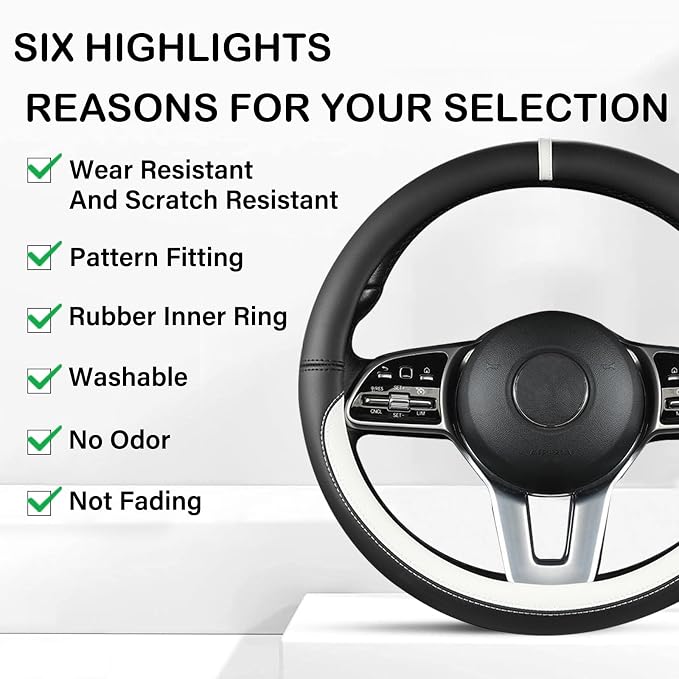 Black & White Nappa Leather Steering Wheel Cover, 14.5-15 inch Universal Car Steering Wheel Cover Non-Slip Breathable Absorbing Sweat Car Accessories