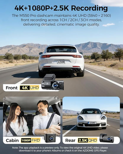 AZDOME 3 Channel Dash Cam Front and Rear Inside, 4K+1080P+2.5K ADAS Dash Cam, 3.19'' IPS Car Camera, 5.8G WiFi GPS Dash Cam for Cars, Voice Control, Night Vision, 24/7 Parking Mode, 64GB Card M550 Pro