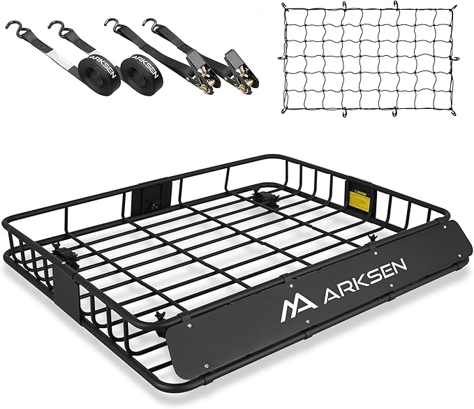 ARKSEN 43 x 50 x 6 Inch Universal Extra Wide 150LB Heavy Duty Roof Rack Cargo Basket with Ratchet Straps, Cargo Net, Car Top Luggage Holder Carrier for SUV, Truck, & Car Steel Construction