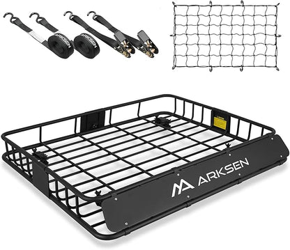 ARKSEN 43 x 50 x 6 Inch Universal Extra Wide 150LB Heavy Duty Roof Rack Cargo Basket with Ratchet Straps, Cargo Net, Car Top Luggage Holder Carrier for SUV, Truck, & Car Steel Construction