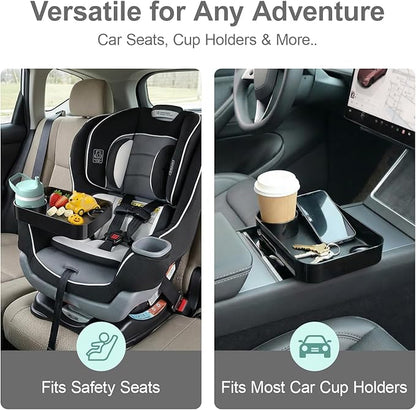 Car Seat Snack Tray for Toddlers - 3 Inch Cup Holder Fits Most Sippy Cups & Straw Bottles with Dip Well, Mess-Free Square Kids Travel Tray Road Trip Essentials, Black