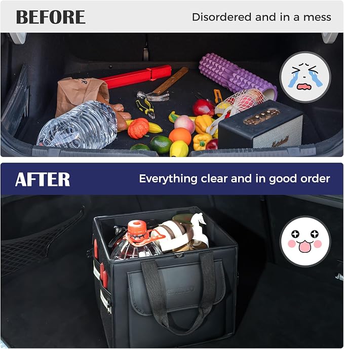 Coverado Trunk Organizer for Car- Nappa Leather Trunk Organizer for SUV with Lid, 30L Multi Collapsible Car Storage Organizer Foldable, Multi Compartments with 2 Straps for SUV/Truck