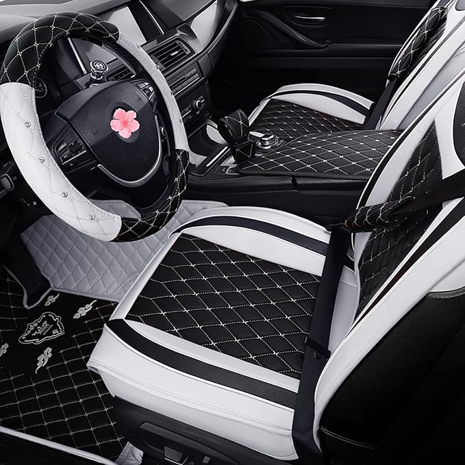 Car Seat Covers Full Set, Super Luxurious Heavy Duty Waterproof Leather Automotive Vehicle Cover for Cars SUV Pick-up Truck, Universal Non-Slip black white Seat Car Accessories (Full Set/White)