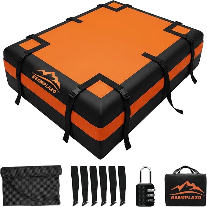 21 Cubic Feet Rooftop Cargo Carrier Bag, Waterproof Heavy Duty Car Roof Bag for SUV Pickup Truck with/Without Roof Racks, Travel Camping Roof Top Luggage Storage with Anti-Slip Mat (Black Orange)