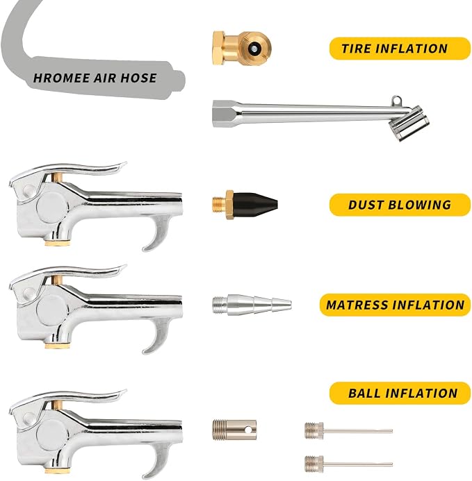 Hromee Air Hose Fittings 1/4 Inch NPT Brass Quick Connect Coupler and Plug, 20 Pieces Air Compressor Accessory Kit with Blow Gun and Tire Gauge