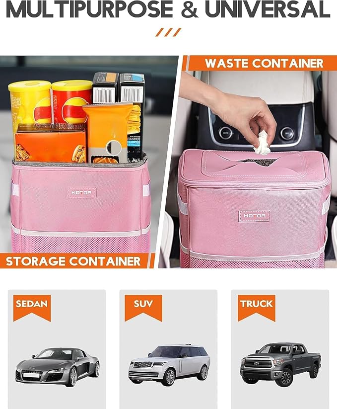 HOTOR Car Trash Can with Lid and Storage Pockets - 100% Leak-Proof Organizer, Waterproof Garbage Can, Multipurpose Trash Bin for Car, 2 Gallons, Pink