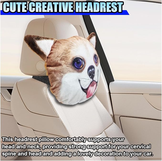 Cute Corgi Dog Car Headrest Pillow- Memory Foam Car Neck Pillow Auto Seat Cushion of Headrests for Pain Pressure Relief- Cartoon Neck Support Cushion with Adjustable Strap for Most Cars (Corgi)