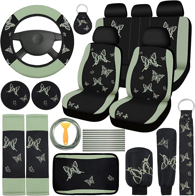 BBTO 43 Pcs Butterfly Car Seat Full Set Butterfly Car Accessories for Women 5 Front Rear Seat Covers Wrist Strap 2 Pcs Cup Mat Armrest Pad 2 Belt Xmas Cover Accessories for SUV(Green, Black)