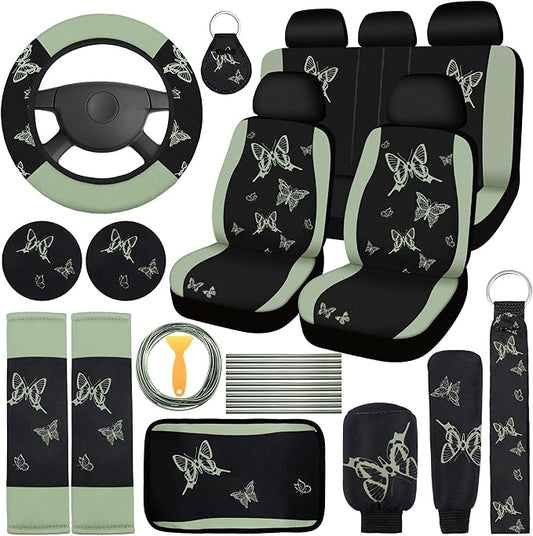 BBTO 43 Pcs Butterfly Car Seat Full Set Butterfly Car Accessories for Women 5 Front Rear Seat Covers Wrist Strap 2 Pcs Cup Mat Armrest Pad 2 Belt Xmas Cover Accessories for SUV(Green, Black)