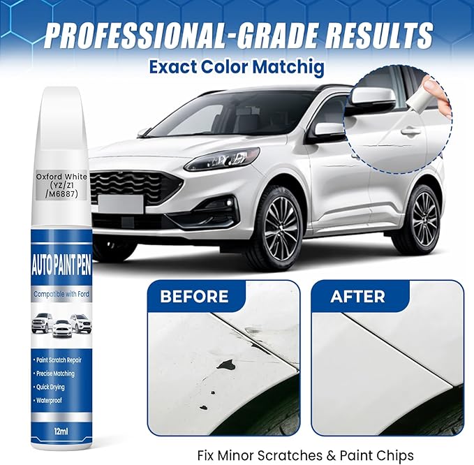 Touch Up Paint for Cars Oxford White (YZ/Z1/M6887), Compatible with Ford F-150/Explorer/Escape, 2-in-1 Car Scratch Repair Pen, Long-Lasting, Quick Dry, Color Accurate