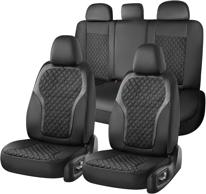 Coverado Seat Covers Full Set, Luxury Leather Car Seat Cover with Carbon Fiber Accents Design, Spill-Proof Durable Black Automotive Seat Covers, Front and Rear Seat Protectors Universal Fit Most Cars