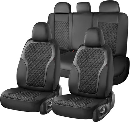 Coverado Seat Covers Full Set, Luxury Leather Car Seat Cover with Carbon Fiber Accents Design, Spill-Proof Durable Black Automotive Seat Covers, Front and Rear Seat Protectors Universal Fit Most Cars
