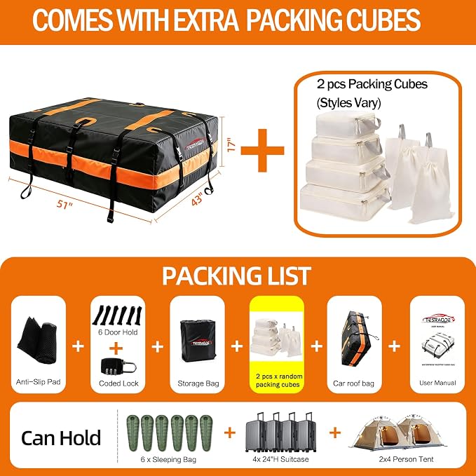 22 Cubic Feet Car Rooftop Cargo Carrier Roof Bag, Fit All Car with/Without Rack, 500D Waterproof PVC Includes Anti-Slip Mat, 6 Door Hooks, 10 Reinforced Straps for Road Trip/Outdoor/House Moving