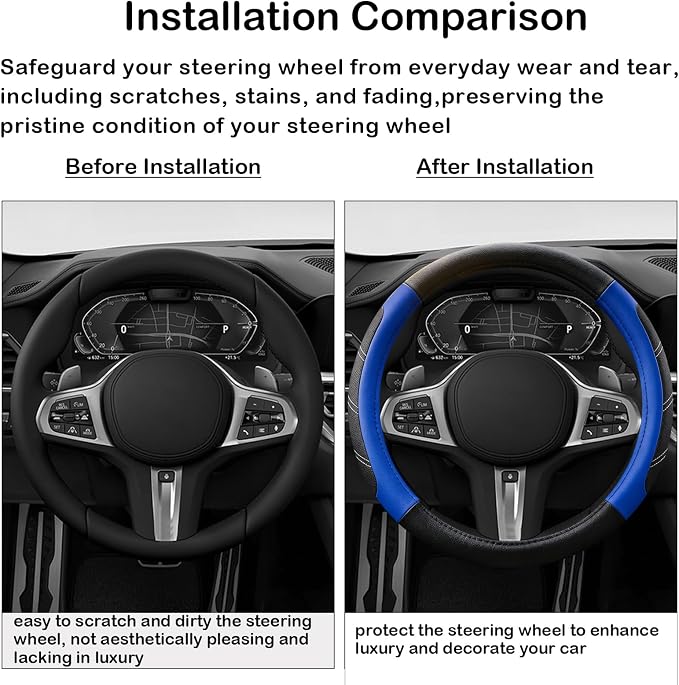 Black and Blue Line Punching Car Steering Wheel Cover, Microfiber Leather Sports, 14.5-15 in Universal Leather Wheel Covers, Breathable Fashion Anti-Slip, Steering Wheels Accessories for Men Women
