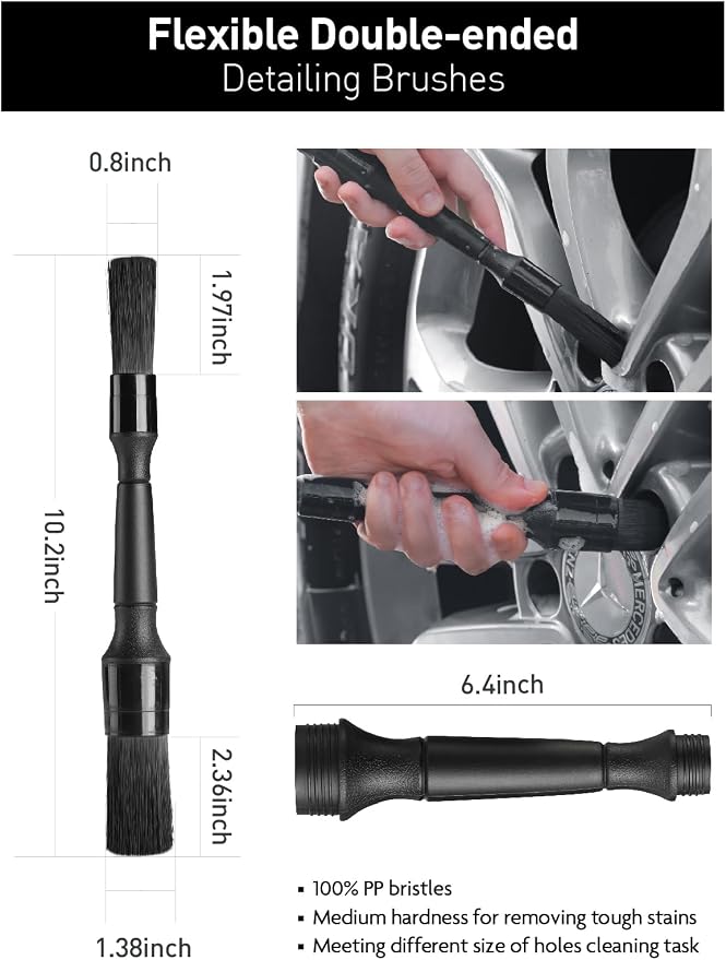 Fantasticlean 7PCS Car Wheel Brush Kit, Tire Brush for Car Owners & Auto Detailers, Soft-bristled Rim Brush, Flat Wheel Brush, Double-Ended Detailing Brush and Pads for Home Shop, Cars Trucks RVs