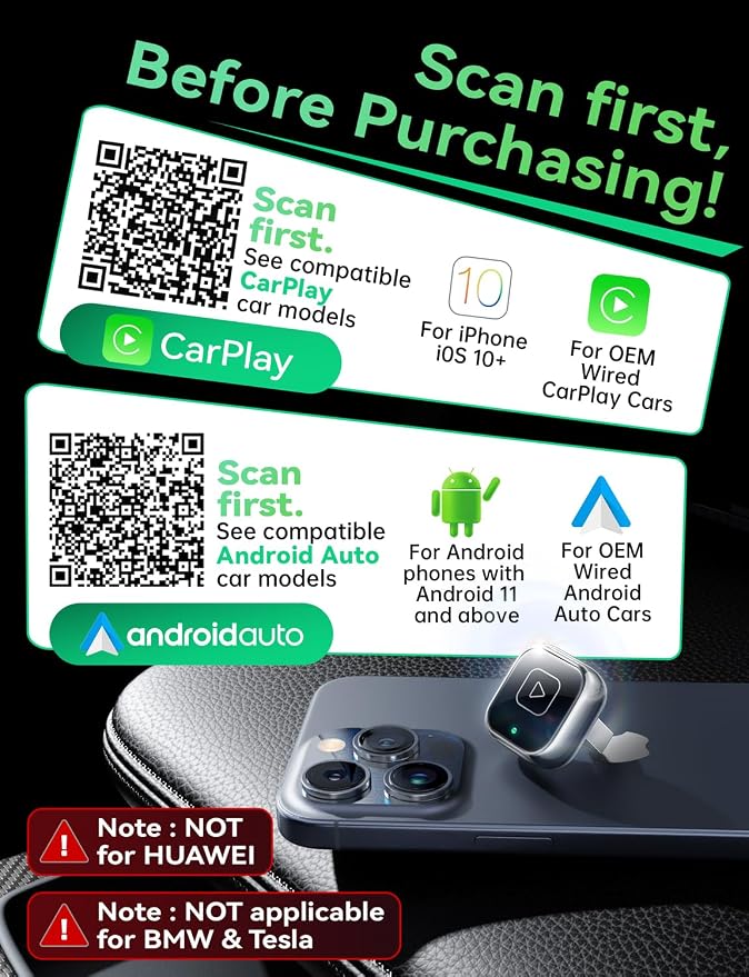 Wireless Carplay & Android Auto Adapter, Metal Design Mini & Stable 2-in-1 Dongle, Convert Vehicle's Wired CarPlay/AA to Wireless, for iOS 10+/Android 11+ & Cars from 2016