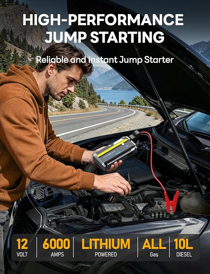 Sharmeal Jump Starter, 6000A Battery Jumper Starter Portable (All Gas/10.0L Diesel), 12V Jump Box Car Battery Jump Starter with Smart Jumper Cables, LED Light