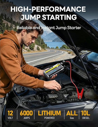Sharmeal 6000A Car Battery Jump Starter Up to All Gas & 10.0L Diesel Engine, Car Battery Jumper Starter Portable 12V Jump Box with USB Output, Storage Case, LED Flashlight