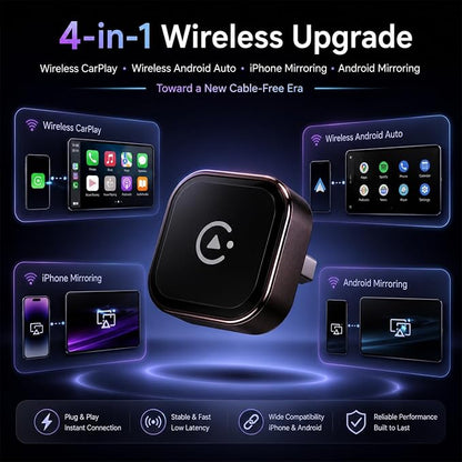 4-in-1 Wireless CarPlay Adapter, Screen Mirroring Adapter for Car to Play TV & Movies, Convert Factory Wired to Wireless CarPlay & Android Auto, Plug & Play Car Screen Movie Player Device