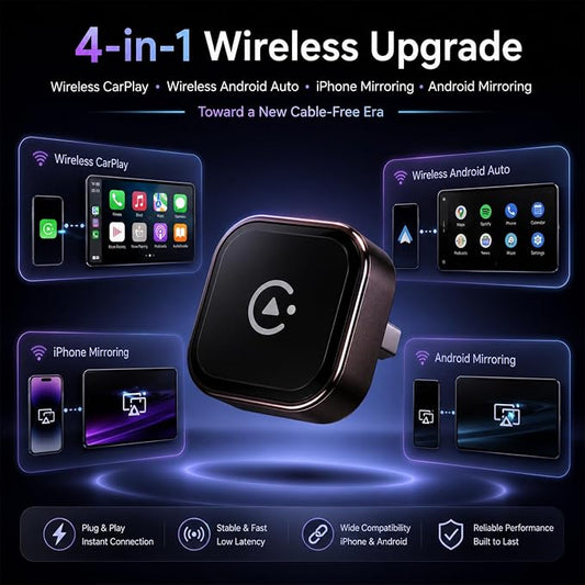 4-in-1 Wireless CarPlay Adapter, Screen Mirroring Adapter for Car to Play TV & Movies, Convert Factory Wired to Wireless CarPlay & Android Auto, Plug & Play Car Screen Movie Player Device