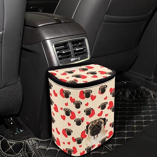 Talayituse Pug Dog Pattern Car Trash Can, Portable Auto Garbage Bin Multifunctional Vehicle Interior Accessories with Adjustable Straps Universal Fit Truck SUV Sedan