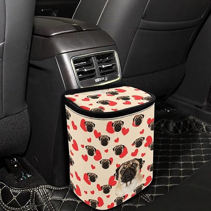 Talayituse Pug Dog Pattern Car Trash Can, Portable Auto Garbage Bin Multifunctional Vehicle Interior Accessories with Adjustable Straps Universal Fit Truck SUV Sedan