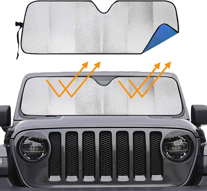 Big Hippo Windshield Sun Shade Car Sun Shade for 2007-2024 Wrangler Rubicon Sahara TJ JK JKU 2 & 4 Door-Sun Visor Protector Blocks UV Rays Windshield Sunshade, Blue
