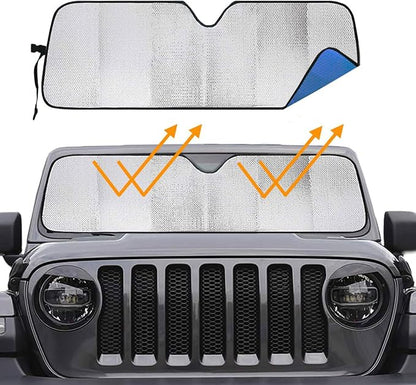 Big Hippo Windshield Sun Shade Car Sun Shade for 2007-2024 Wrangler Rubicon Sahara TJ JK JKU 2 & 4 Door-Sun Visor Protector Blocks UV Rays Windshield Sunshade, Blue