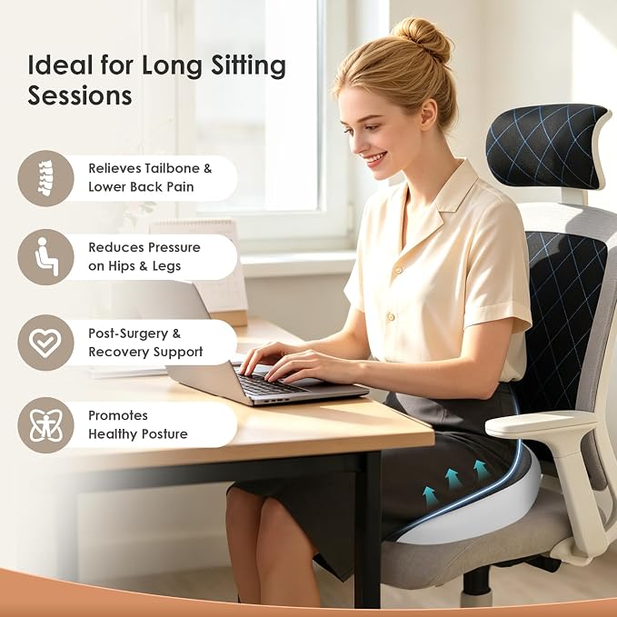 FLORICH Large Car Seat Cushion for Long Sitting, Ergonomic Memory Foam Driving Seat Cushion for Back & Sciatica Pain Relief, Non-Slip Washable Seat Cushion for Car, Driver, Office-Gray