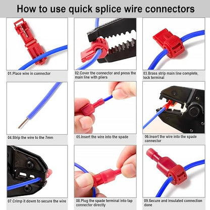 108 Pcs T-Tap Wire Connectors Kit, Quick Splice Self-Stripping Electrical Wire Terminals for Speaker Car Audio, Nylon Fully Insulated Male Quick Disconnects for Automotive Wiring (22-10 AWG)