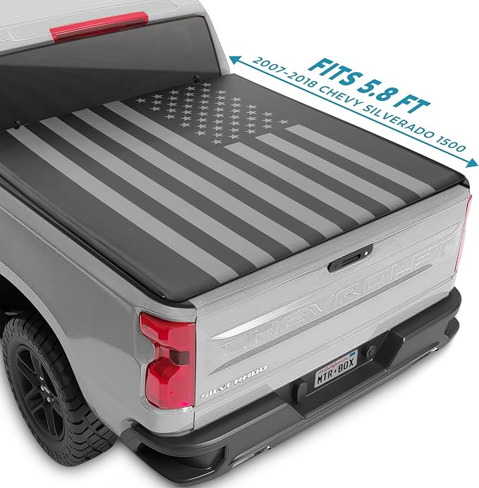MotorBox Soft Roll-Up Truck Tonneau Cover for Chevy Silverado 1500 / GMC Sierra 1500 (2007-2018) with 5.8 ft Bed Length, All-Weather Retractable Truck Bed Cover with Black Flag Graphic, Aluminum