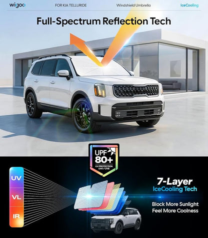 Wigoo Windshield Sun Shade Umbrella for Kia Telluride 2020-2026 [100% Sun Blockage, Ice Cooling Fabric] Foldable Heat Insulation Front Window Sunshade Umbrella for Kia Telluride 2020-2026