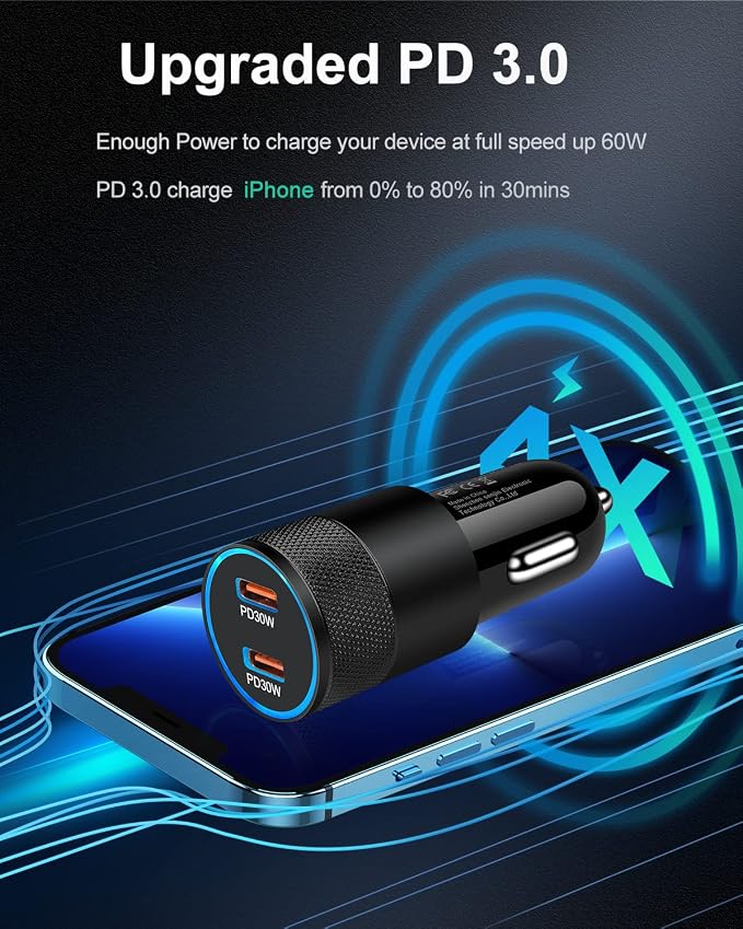 60W USB C Car Charger, 2 Pack AILKIN USB C Cigarette Lighter Adapter Fast Charging Dual Port PD3.0 Type C Car Charger Plug Compatible with iPhone 17 16 15 14 Pro Max Galaxy S26/S25/S24 Pixel 10 9Pro