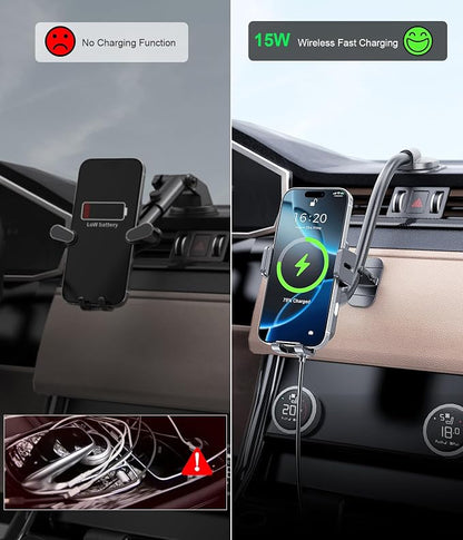 MOKPR Wireless Car Charger, Adjustable Gooseneck Car Mount Auto-Clamping Car Charger, Dashboard [with Anti Shake stabilizer] Phone Holder fit for iPhone 17 16 15 14 13 12, Samsung,with QC 3.0