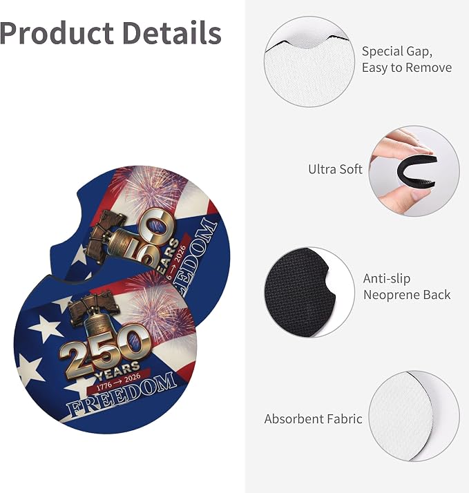 Anniversary American Flag Steering Wheel Cover + 2 Pc USA Flag Car Coasters | Anniversary American Car Men Breathable Universal for 14-15 Inch Anti-Slip