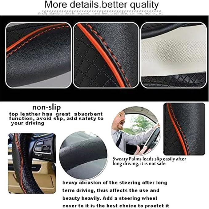 Car Steering Wheel Cover, Anti-Slip, Safety, Soft, Breathable, Heavy Duty, Thick, Full Surround, Sports Style (Black with Light Orange Line)