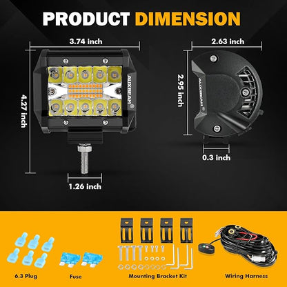 Auxbeam 4 Inch 240W LED Pods, Amber White Fog Light 6 Modes Strobe Lights for Work Truck, Dual Color Combo Offroad Driving Light for Jeep ATV Utv Car, 4 Packs