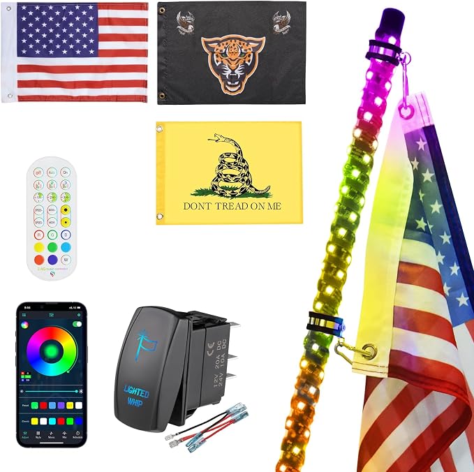 Ehaho 1 Pack 5FT Whip Lights, LED Whip Light with App & Remote Control, Spiral RGB Chasing Lighted Whips with Rocker Switch, Music Whip Light for UTV ATV Polaris RZR Can-Am SXS Truck