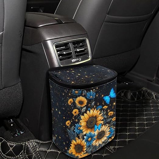 BIGCARJOB Blue Butterfly Car Trash Can Bin for Back Seat, Portable Car Trash Bag Hanging, Vehicle Garbage Can with Sunflower Print