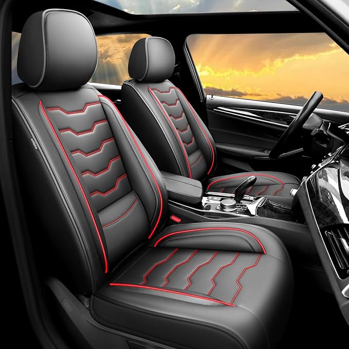 Fit Renegade Car Seat Covers for Jeep Renegade 2015-2024 -Full Set Premium Leather, Waterproof & Breathable，All-Weather Seat Cushion Protecto & Airbag Compatible, 5 Seats Red Line Black
