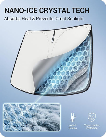 BASENOR Windshield Sunshade for 2017-2026 Tesla Model Y Juniper & Model 3 Highland, [Nano Ice Crystal] Foldable Sun Shade, UV Block Heat Insulation Interior Accessories Off-White