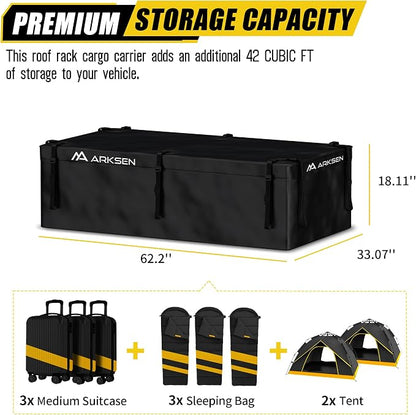 ARKSEN Roof Top Luggage Storage Bag for 64" x 39" Roof Baskets Waterproof 21.5 Cubic Feet (62.2" L x 33.07" W x 18.11" H) with 10 Straps Anti-Slip Mat 6 Door Hooks for All Vehicles with/Without Rack