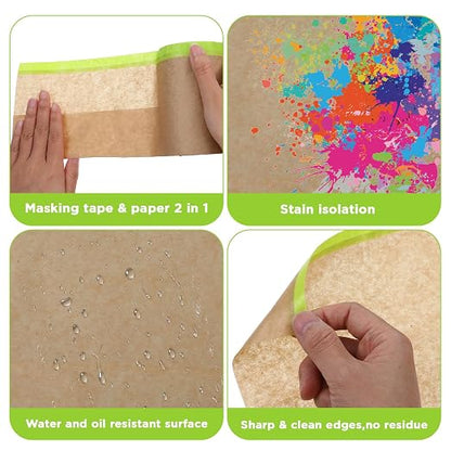 4 Rolls Pre-Taped Masking Paper, 6” x 50 Ft Adhesive Protective Painters Paper for Covering Cars, Furniture, Floors & Frames
