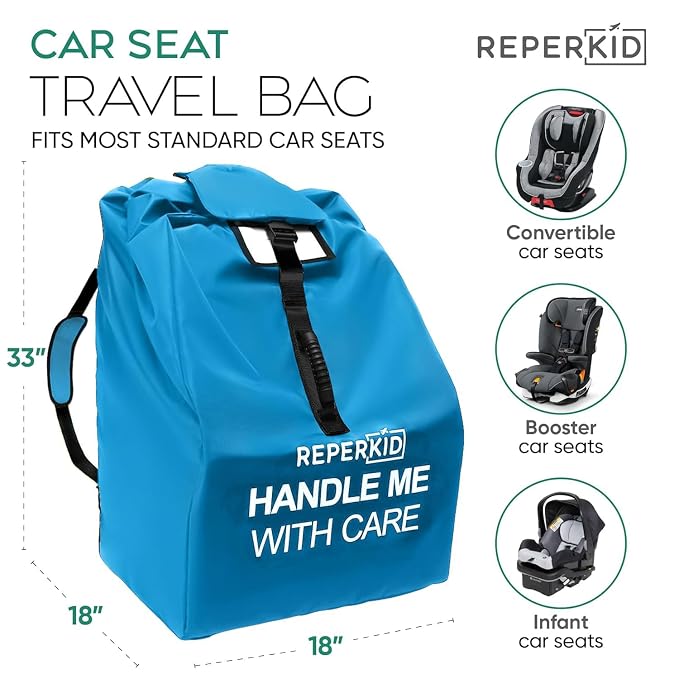 reperkid Car Seat Travel Bag for Airplane, Black and Green, 33" H x 18" W x 18" D, Fits Most Convertible, Booster and Infant Car Seats – Premium Waterproof Cover, Adjustable Shoulder Strap | Adjustable Padded Backpack Straps, Reinforced Stitching, Fits...