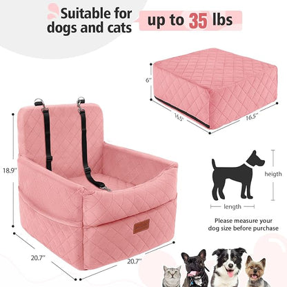 HEGGCOOE Dog Car Seat for Small Medium Dogs, Memory Foam Puppy Dog Booster Seat with Thick Cushion for Dogs Under 35lbs, Detachable Washable Pet Car Seat Travel Bed with Storage Pockets,2 Safety Belts